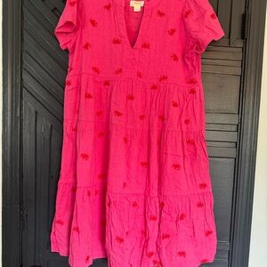 Anthropologie Bright Pink Tiered Dress with Red Embroidery